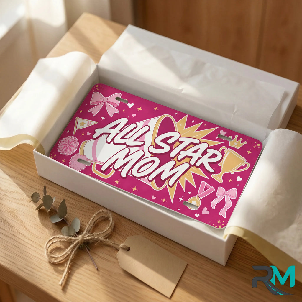 all star mom vanity plate as gift — hot pink ALL STAR MOM license plate ready to give