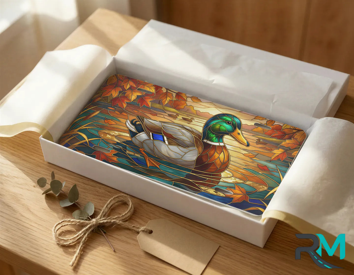 mallard duck vanity plate as gift — emerald mallard autumn pond license plate ready to give