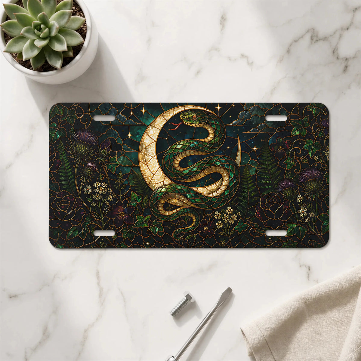 Gold Serpent Crescent Moon Botanical Vanity Plate - Road Muse