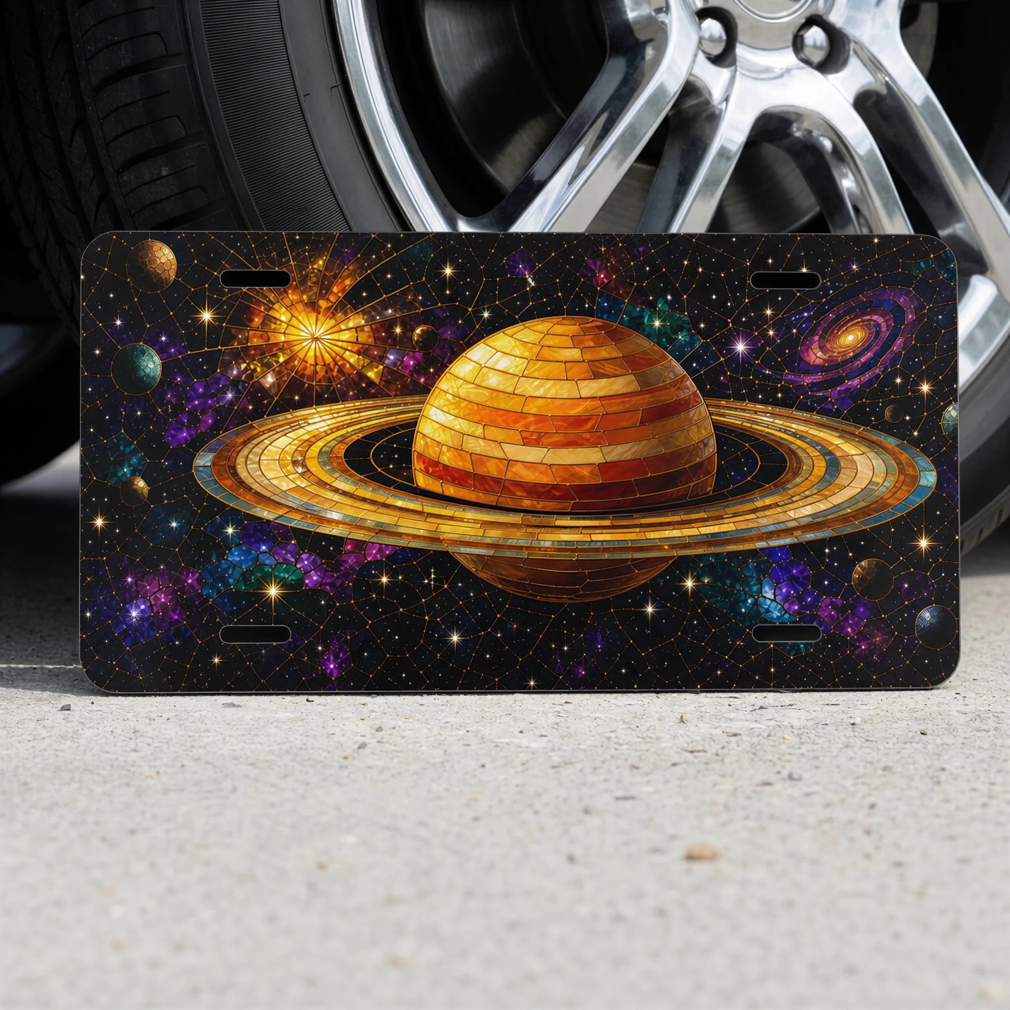 Golden Saturn Galaxy Space Vanity Plate - Road Muse