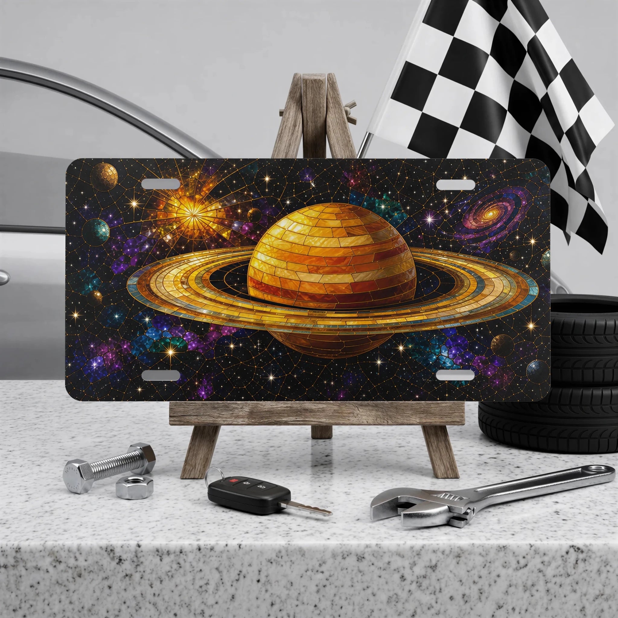 Golden Saturn Galaxy Space Vanity Plate - Road Muse