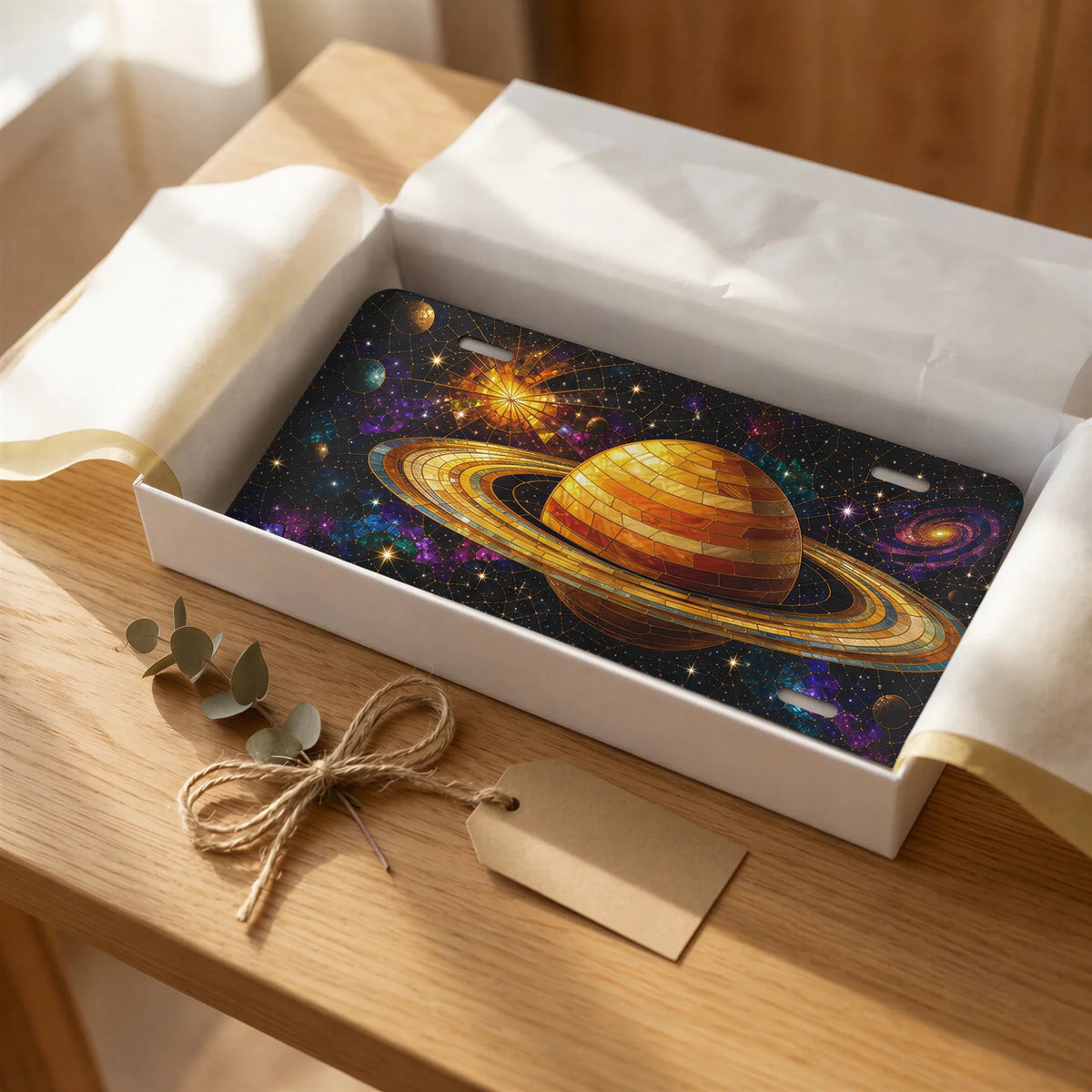 Golden Saturn Galaxy Space Vanity Plate - Road Muse