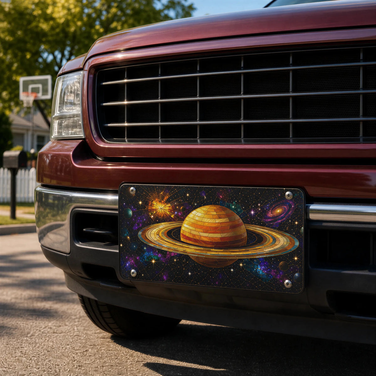 Golden Saturn Galaxy Space Vanity Plate - Road Muse