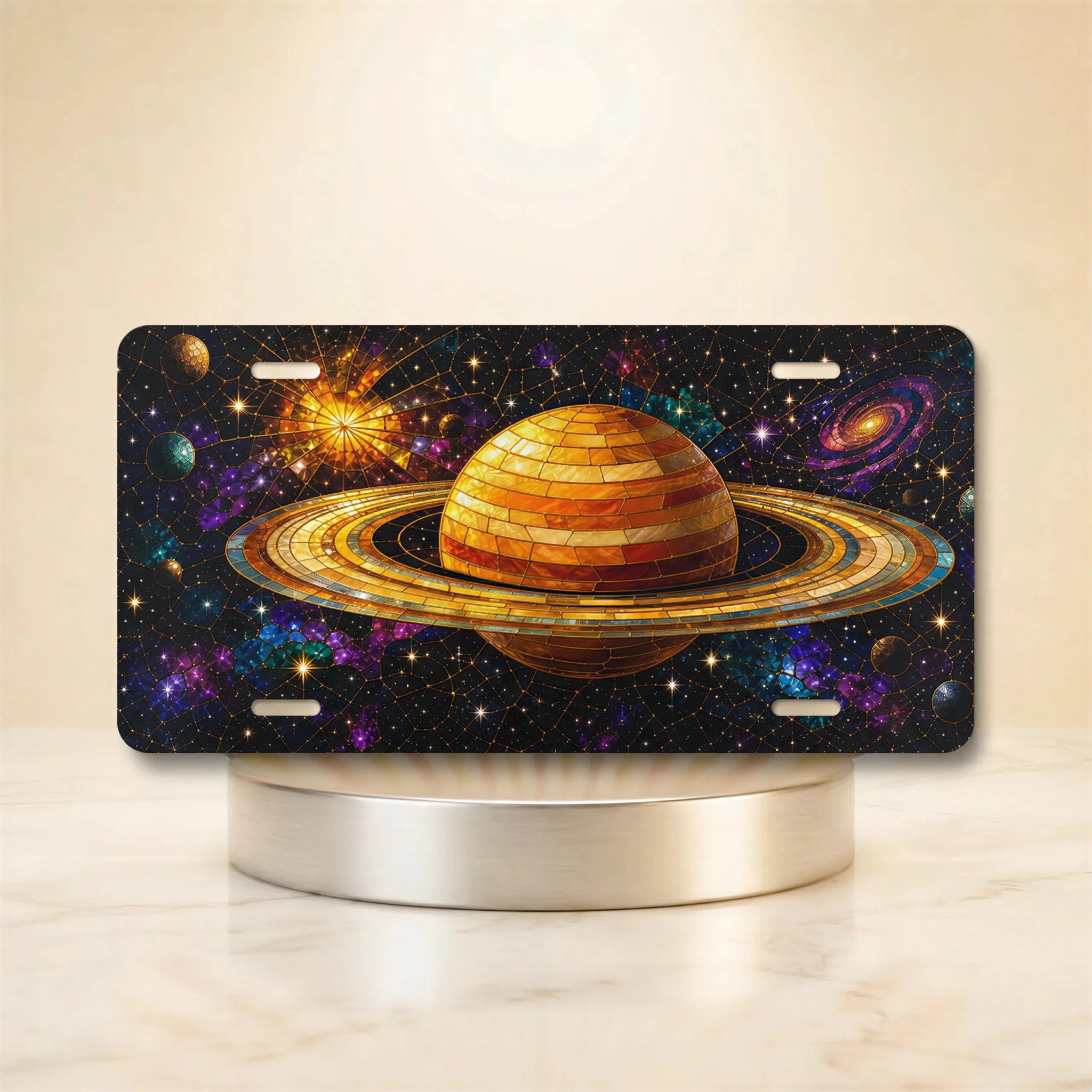 Golden Saturn Galaxy Space Vanity Plate - Road Muse