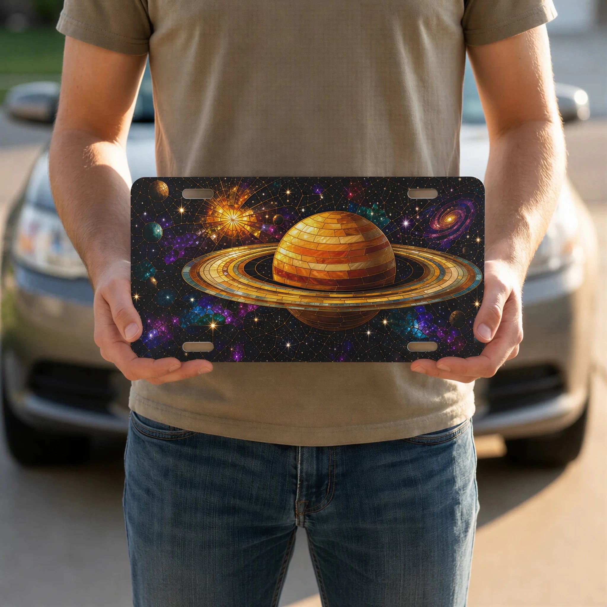 Golden Saturn Galaxy Space Vanity Plate - Road Muse