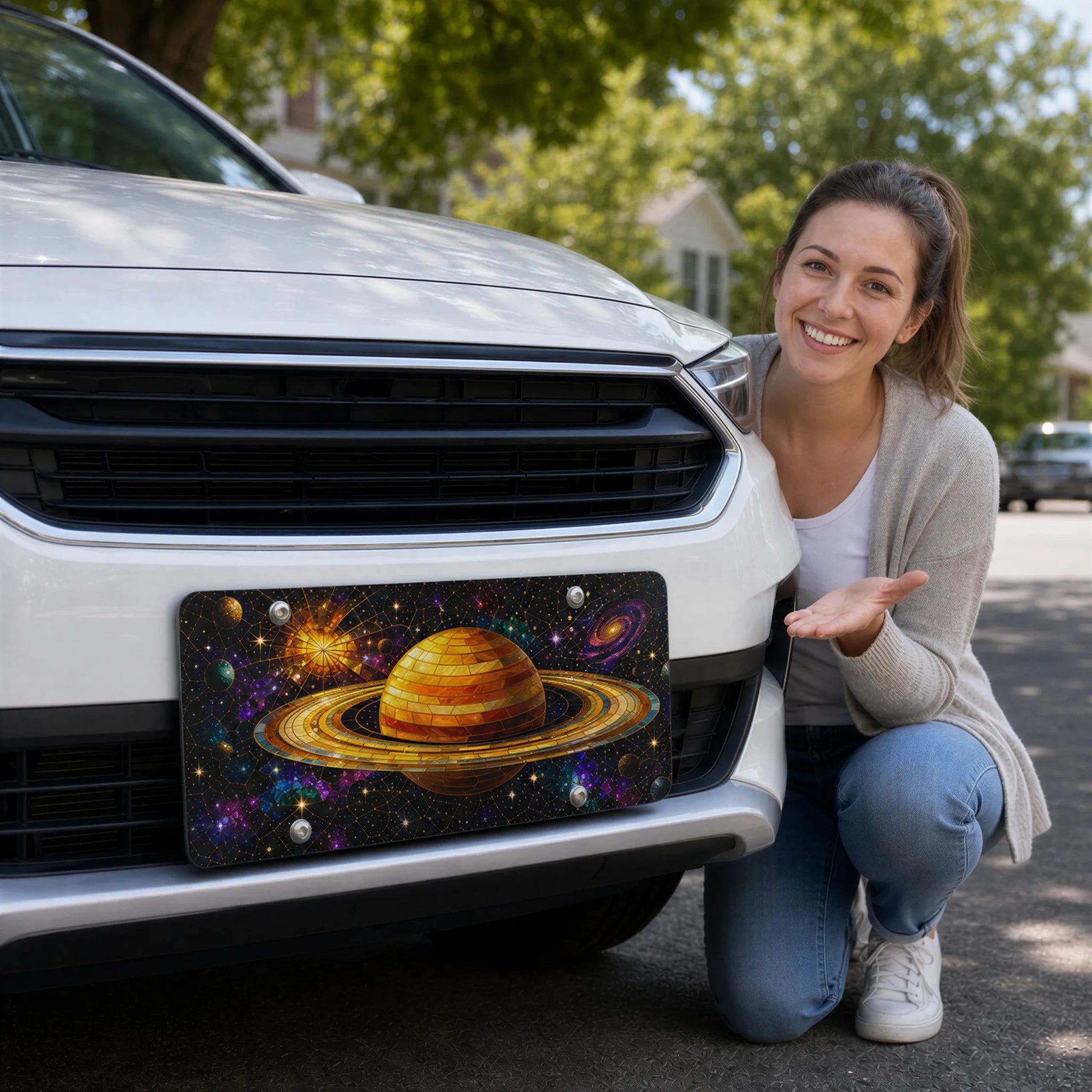 Golden Saturn Galaxy Space Vanity Plate - Road Muse