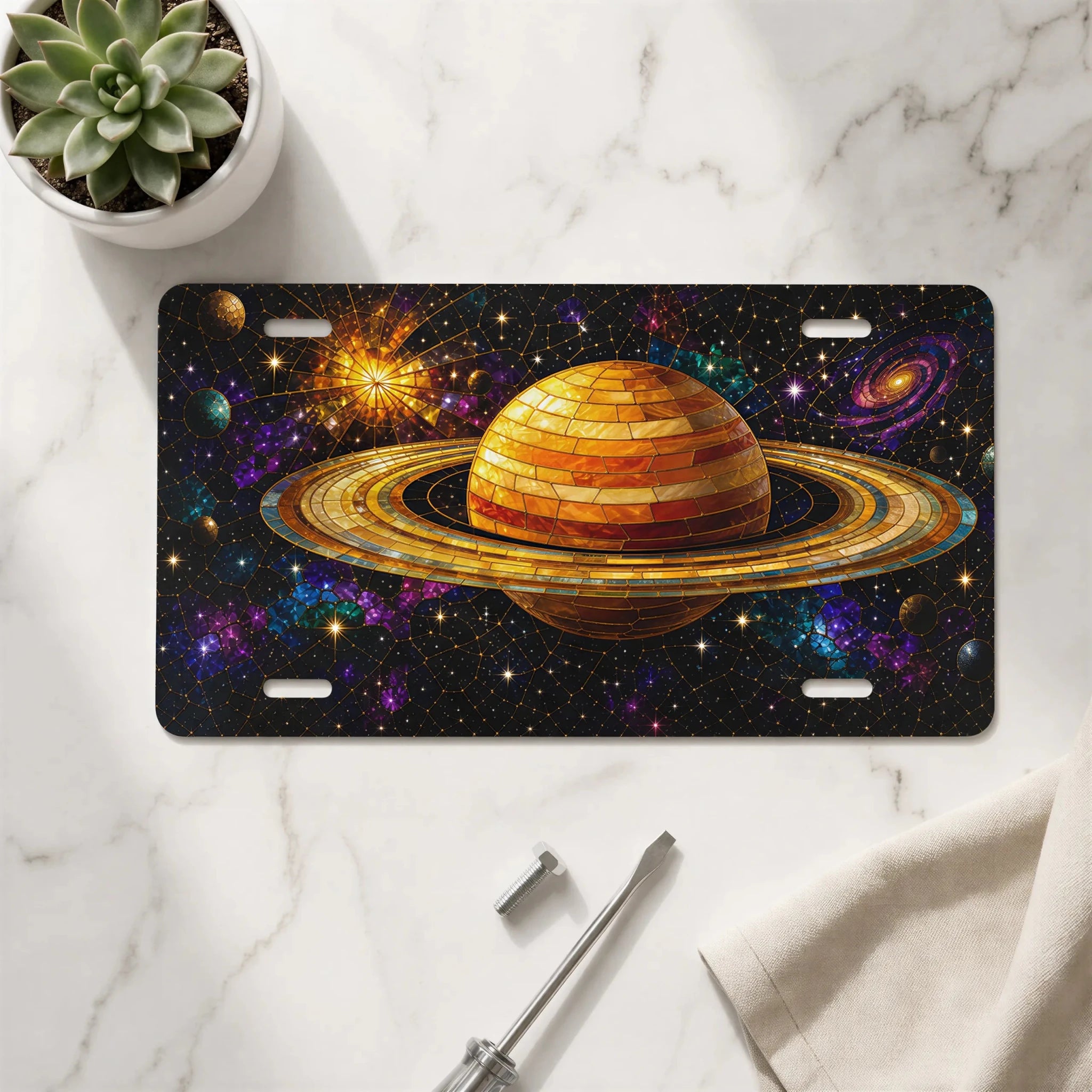 Golden Saturn Galaxy Space Vanity Plate - Road Muse