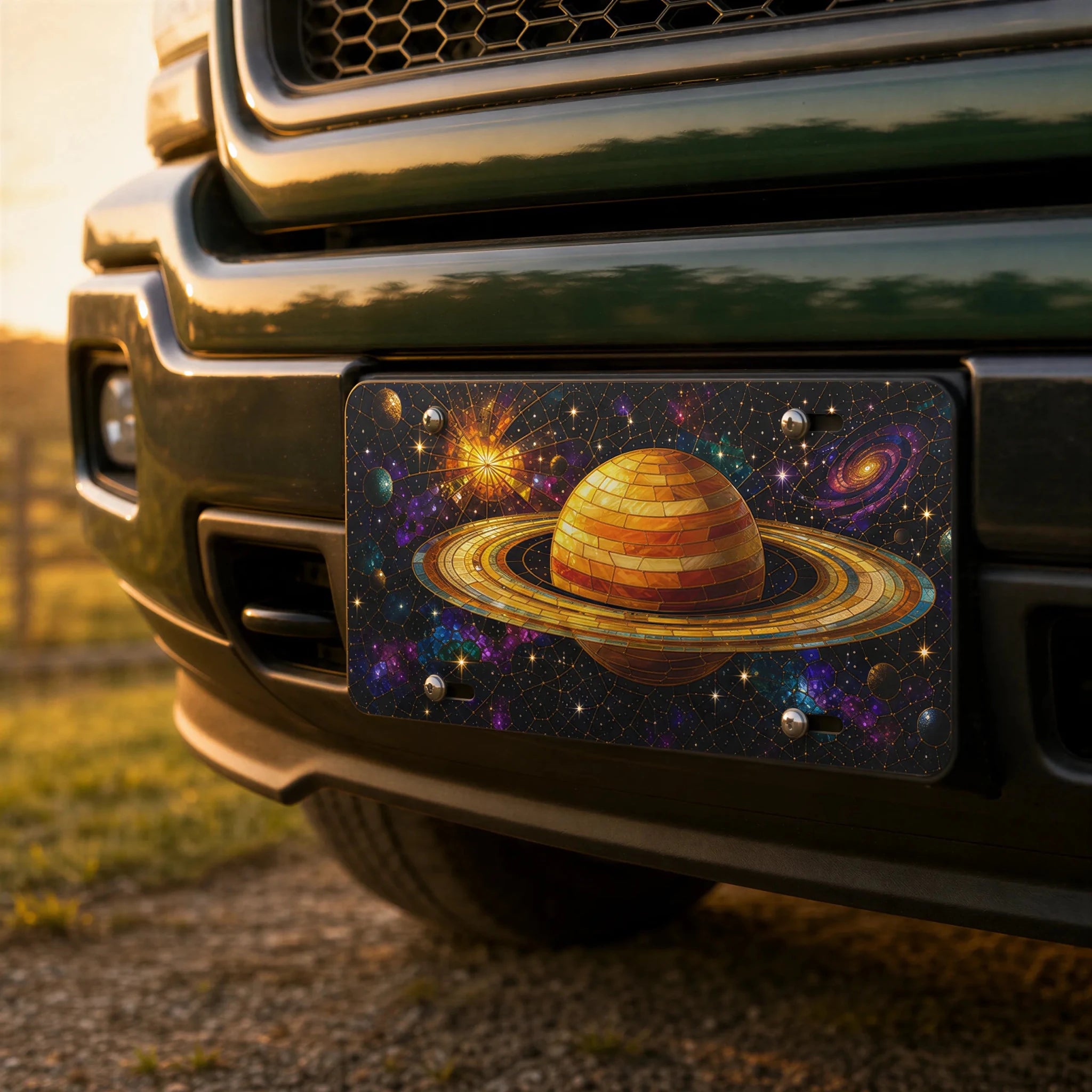 Golden Saturn Galaxy Space Vanity Plate - Road Muse