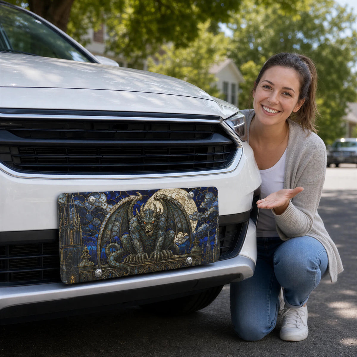 Gothic Gargoyle Stained Glass Vanity Plate - Road Muse