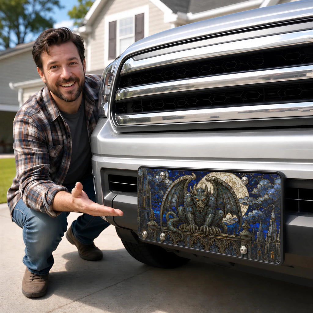Gothic Gargoyle Stained Glass Vanity Plate - Road Muse