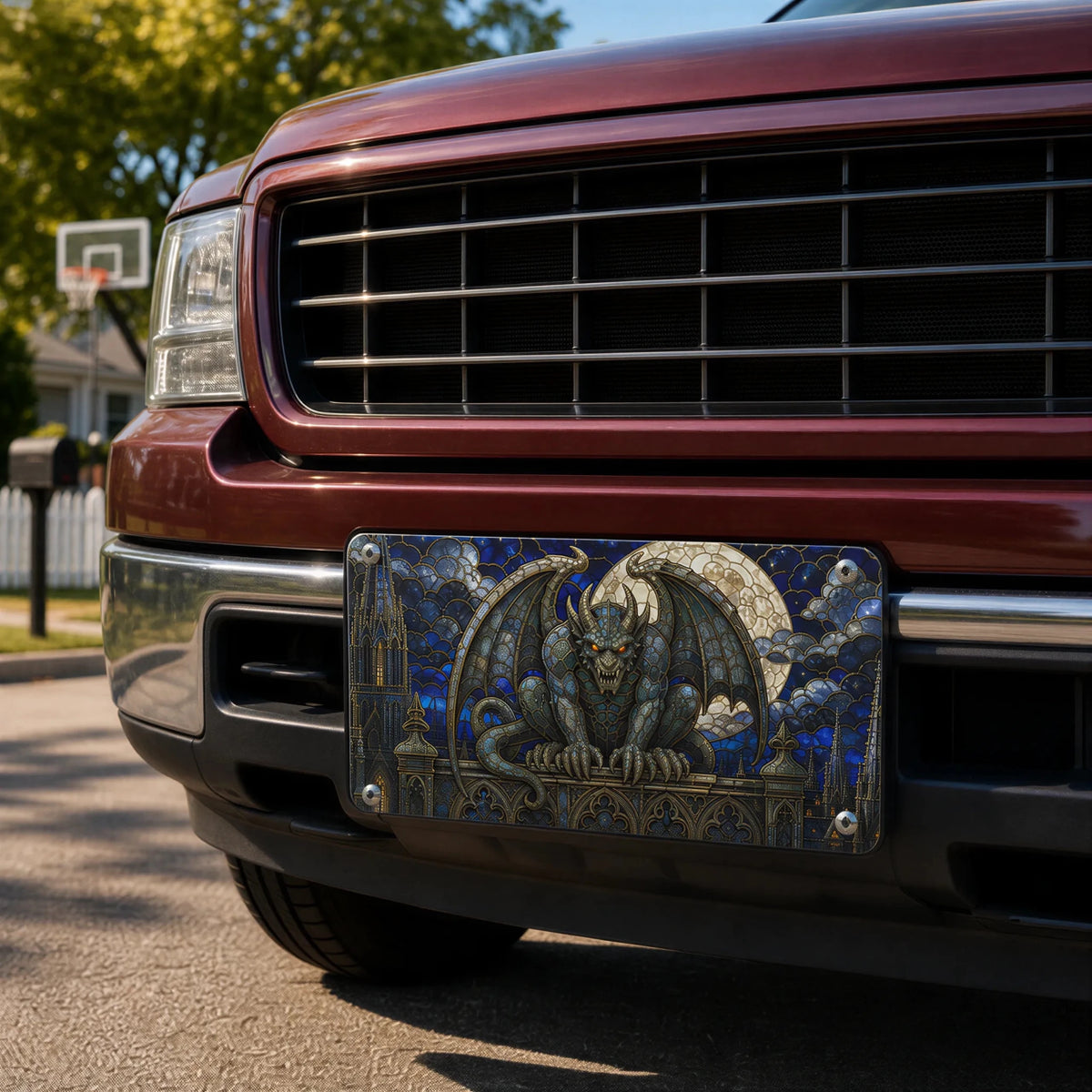 Gothic Gargoyle Stained Glass Vanity Plate - Road Muse
