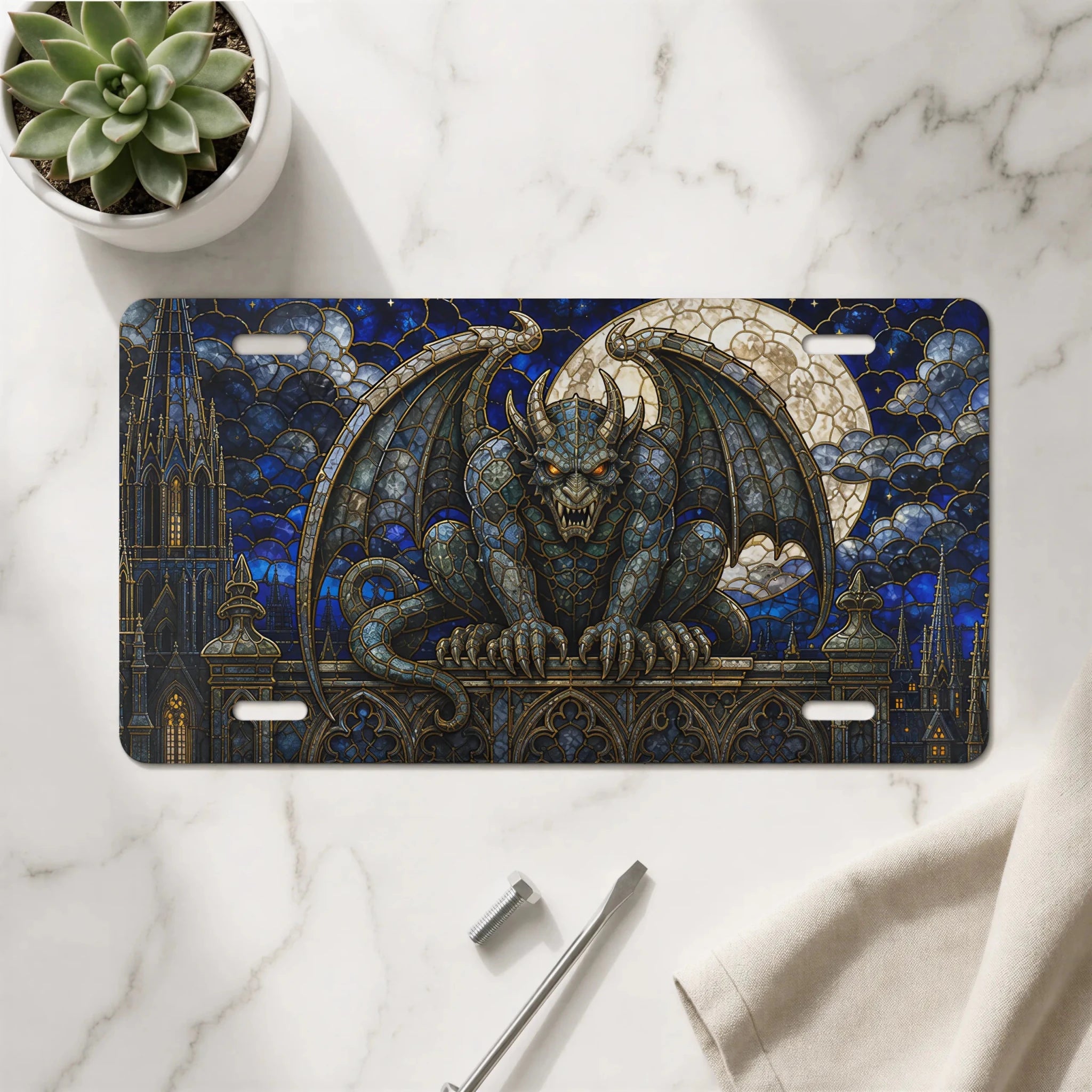 Gothic Gargoyle Stained Glass Vanity Plate - Road Muse