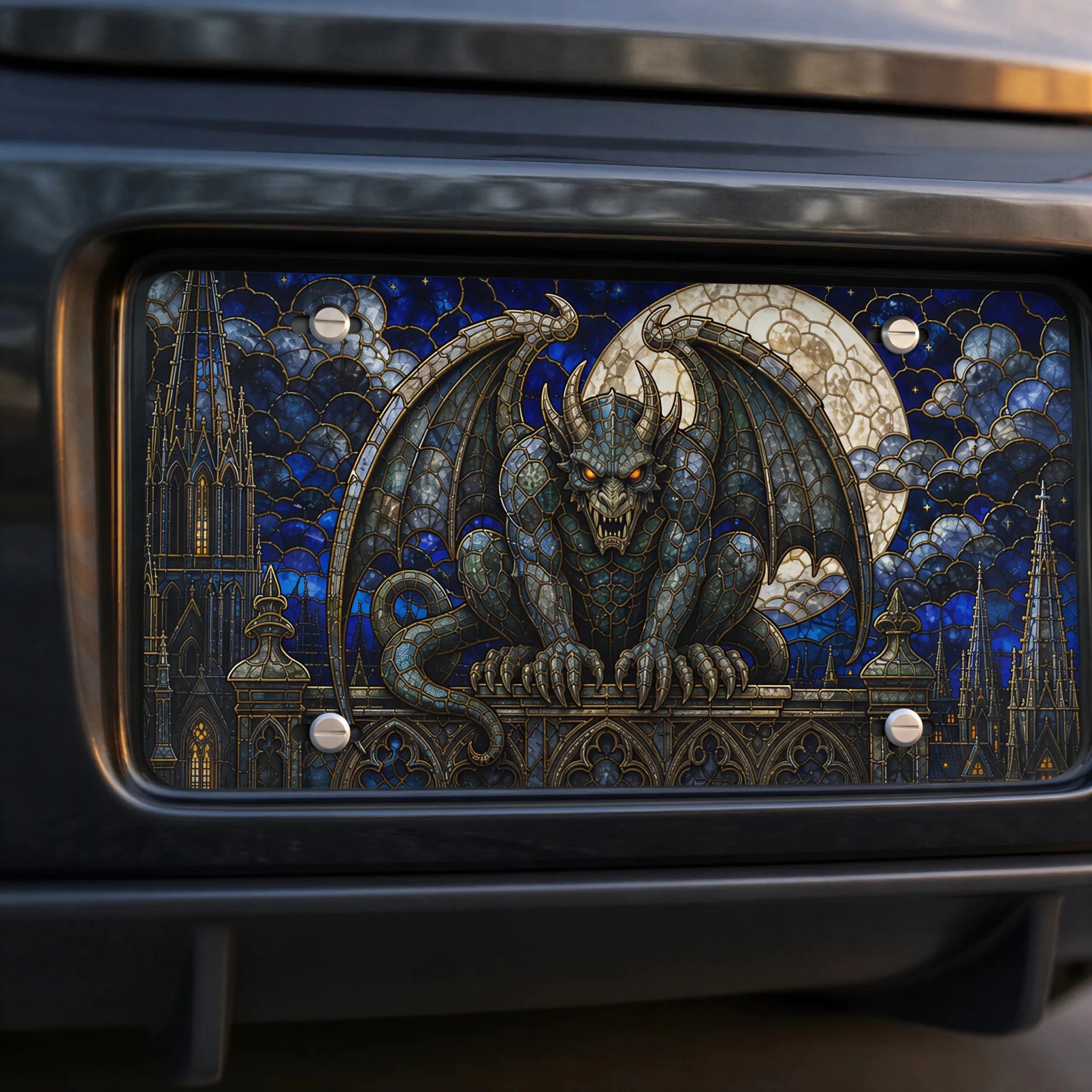 Gothic Gargoyle Stained Glass Vanity Plate - Road Muse
