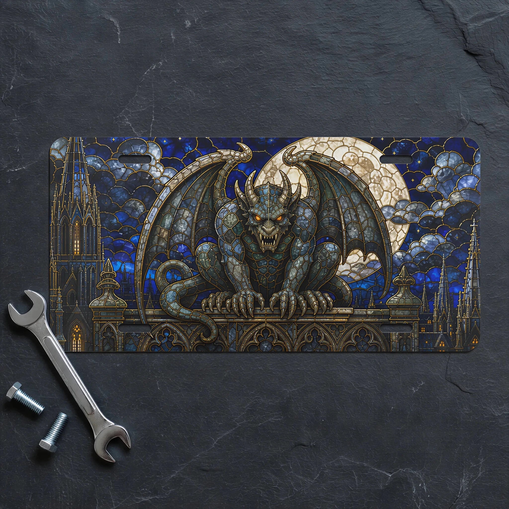 Gothic Gargoyle Stained Glass Vanity Plate - Road Muse