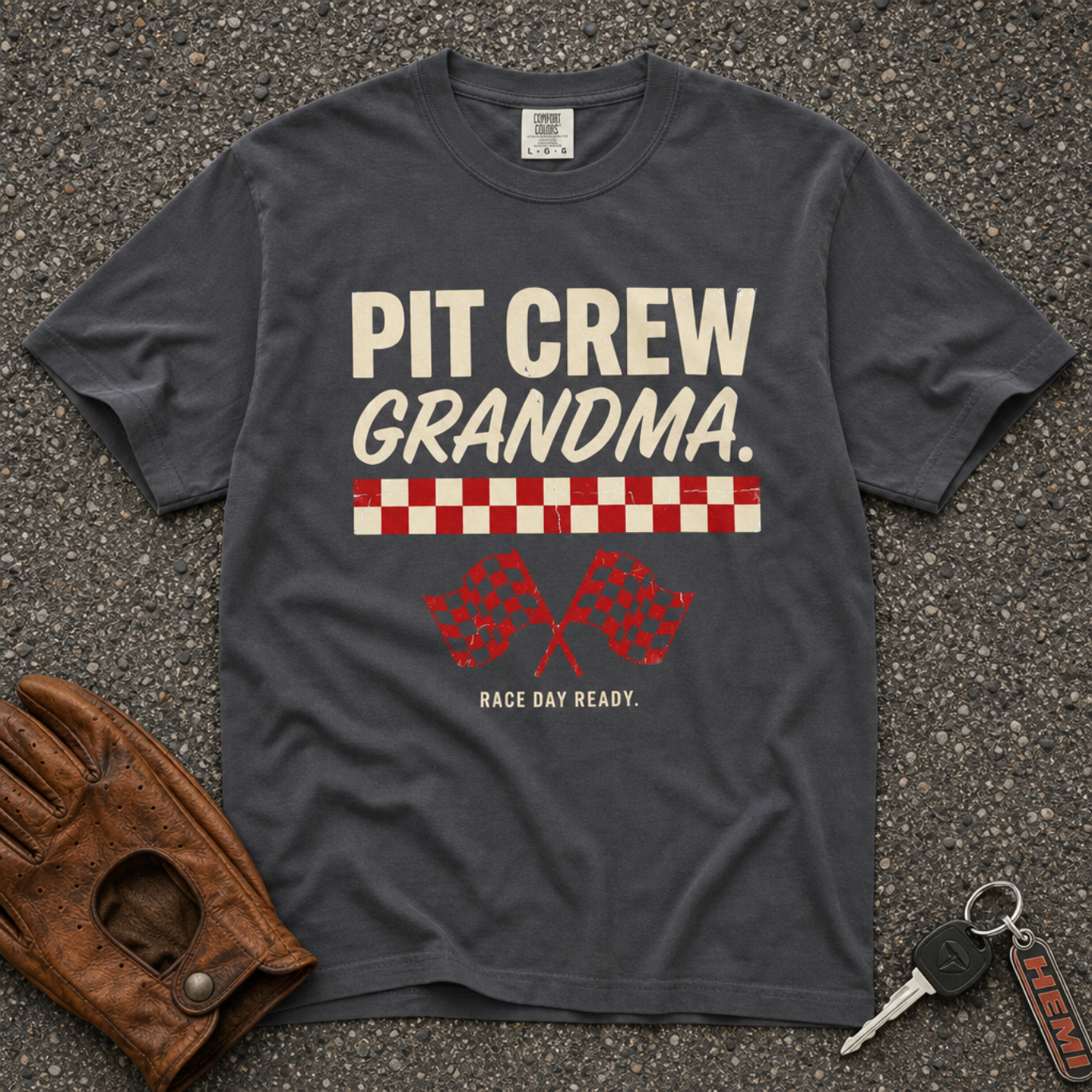 graphite pit crew grandma graphic tee — vintage crossed flags motorsport shirt