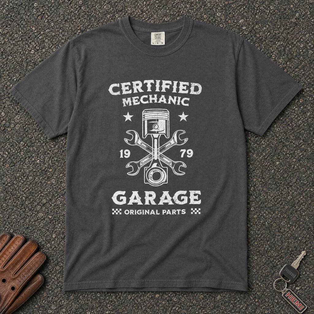 graphite certified mechanic graphic tshirt — piston wrench emblem comfort colors garage tee