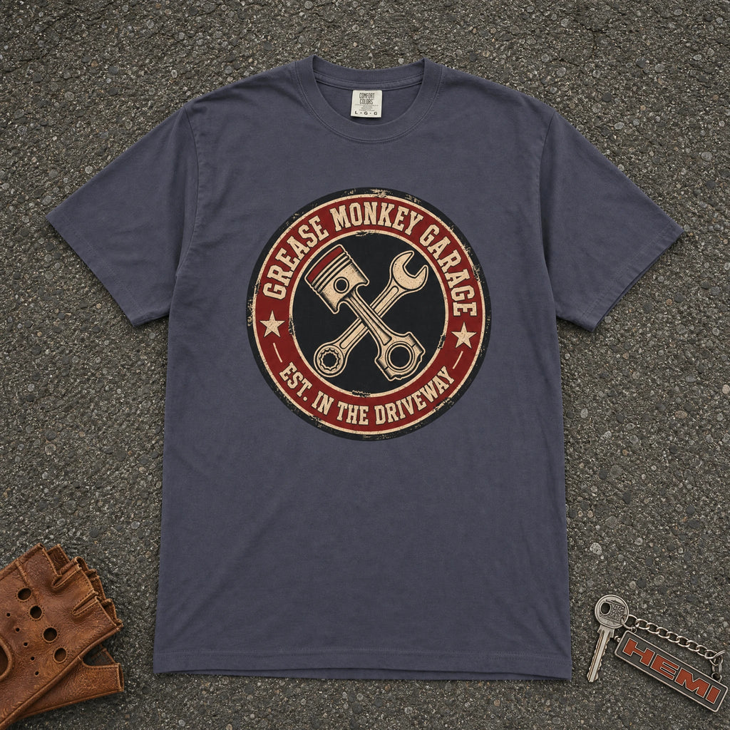 Grease Monkey Garage Piston Badge Tee - Road Muse