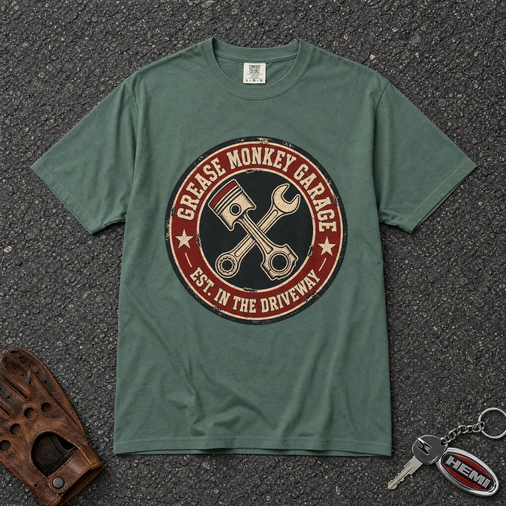 Grease Monkey Garage Piston Badge Tee - Road Muse