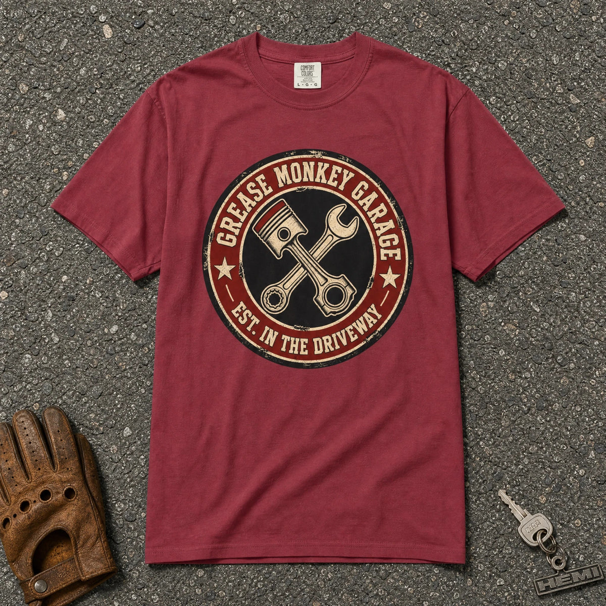 Grease Monkey Garage Piston Badge Tee - Road Muse