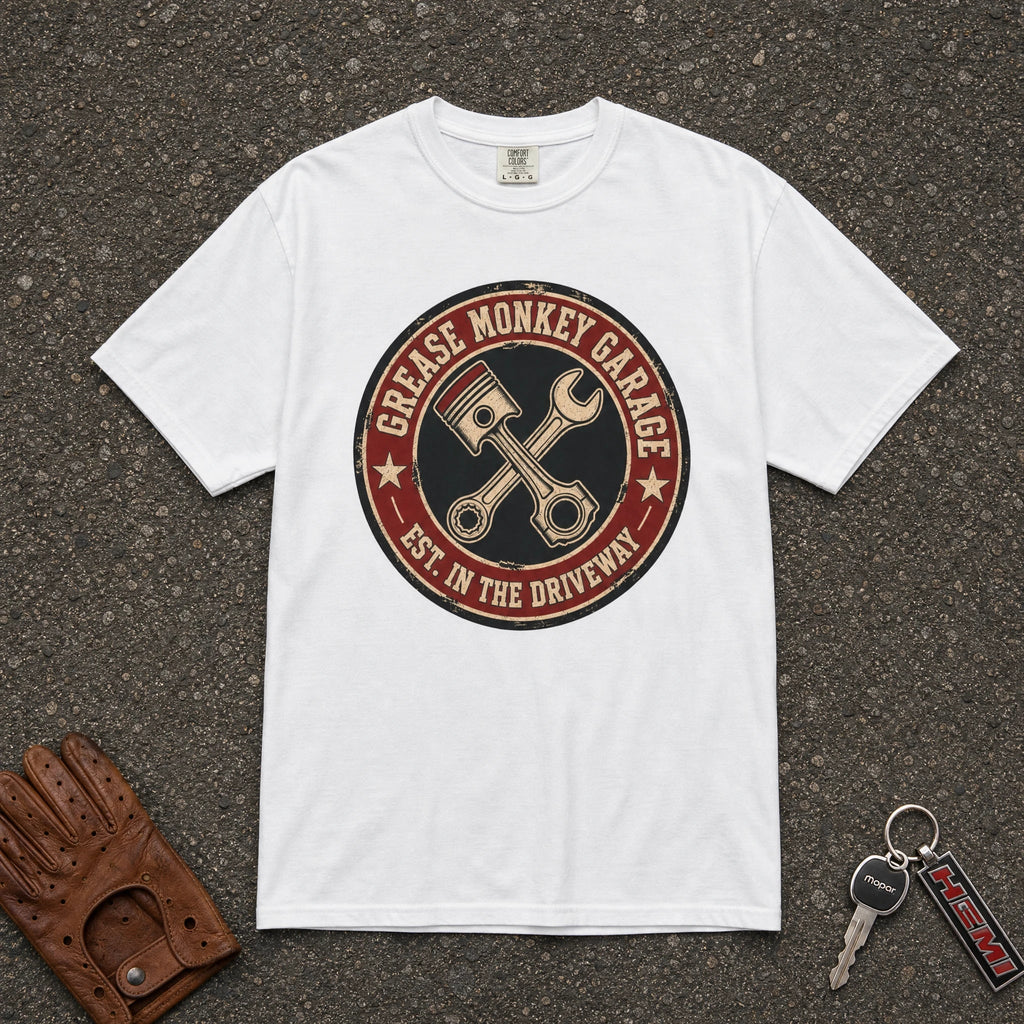 Grease Monkey Garage Piston Badge Tee - Road Muse