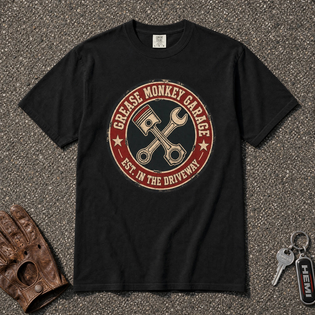 Grease Monkey Garage Piston Badge Tee - Road Muse