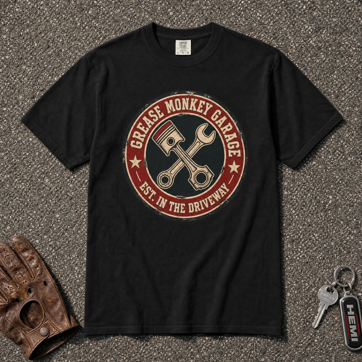 Grease Monkey Garage Piston Badge Tee - Road Muse