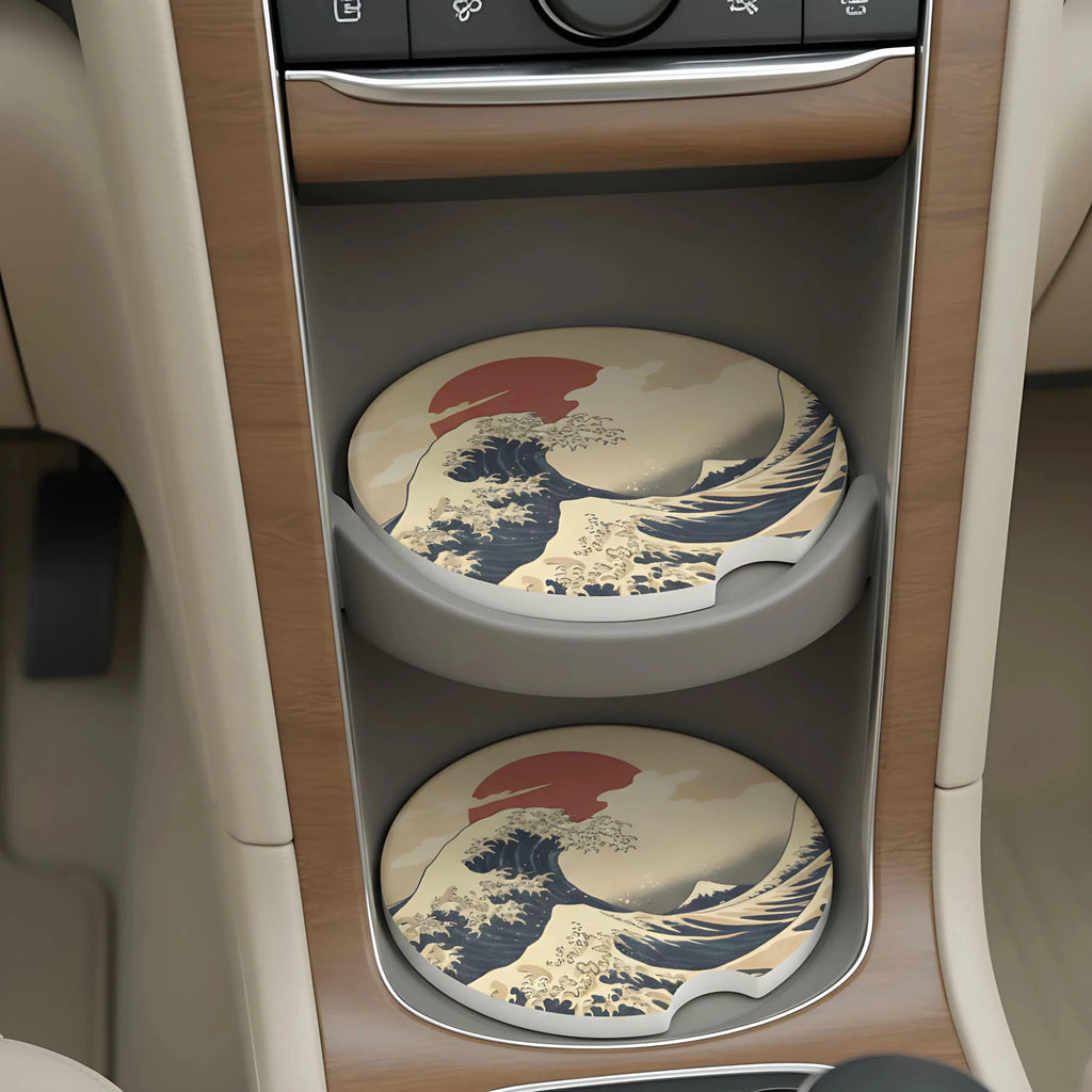 Great Wave Hokusai Design Car Coasters Set - Road Muse