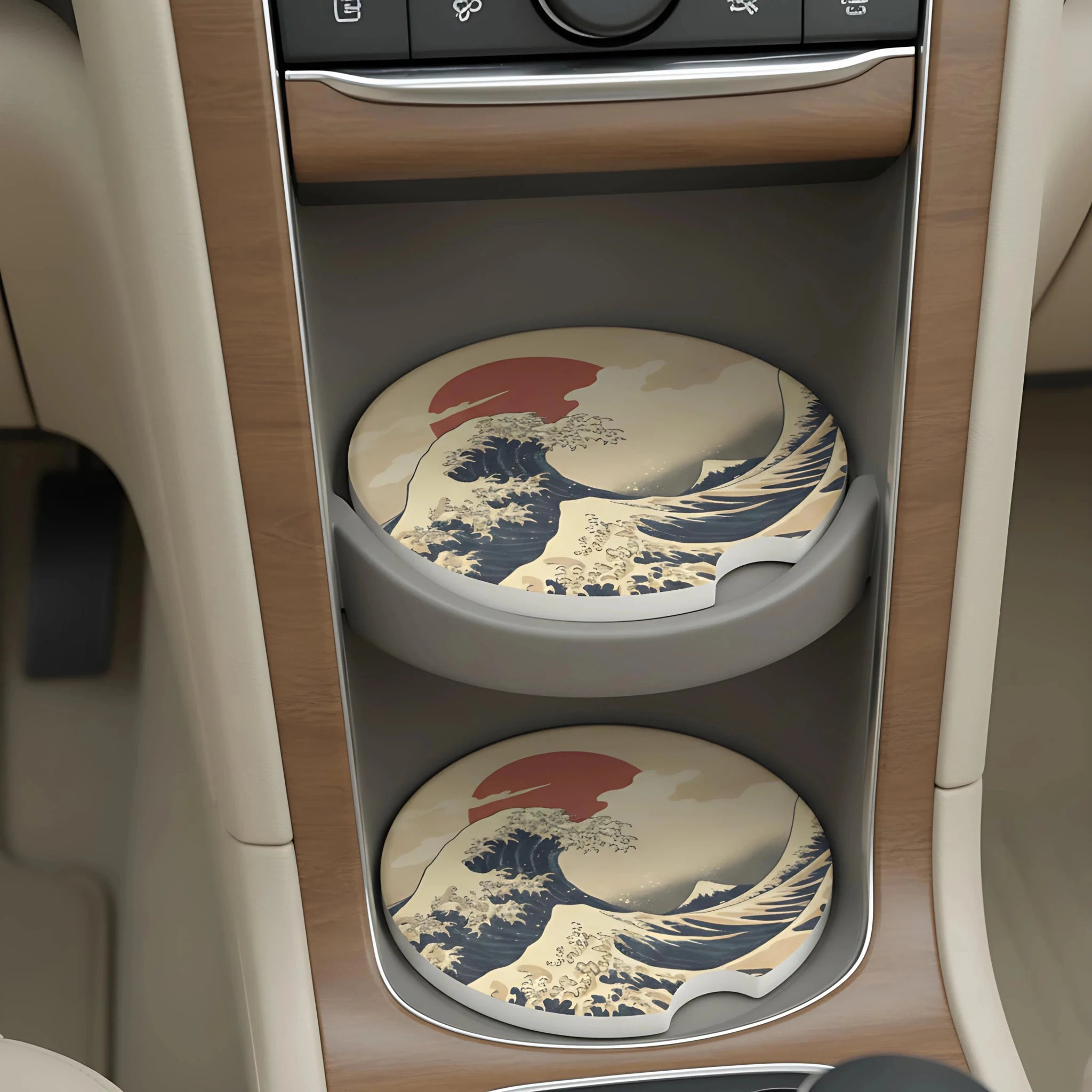 Great Wave Hokusai Design Car Coasters Set - Road Muse