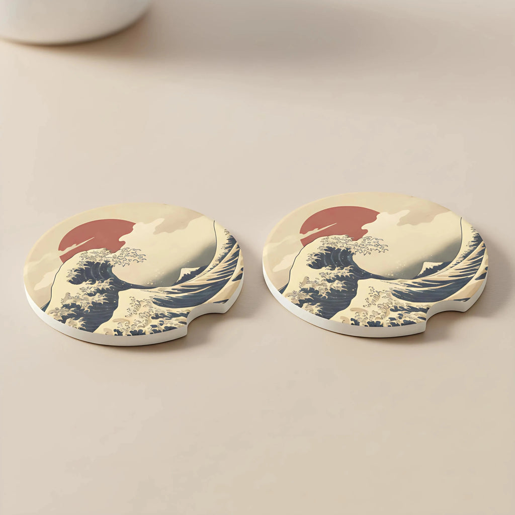 Great Wave Hokusai Design Car Coasters Set - Road Muse