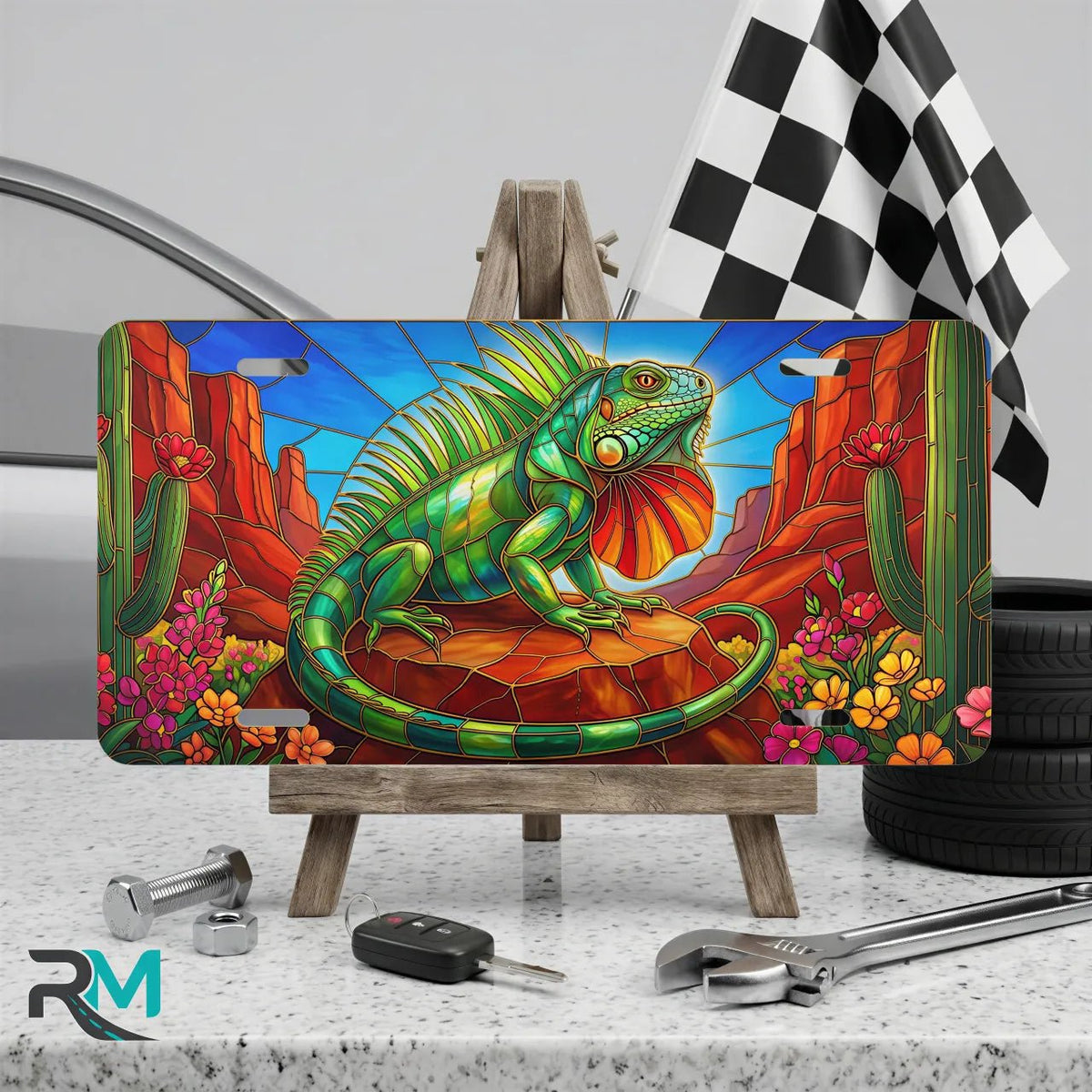 Green Iguana Desert Scene Vanity Plate - Road Muse
