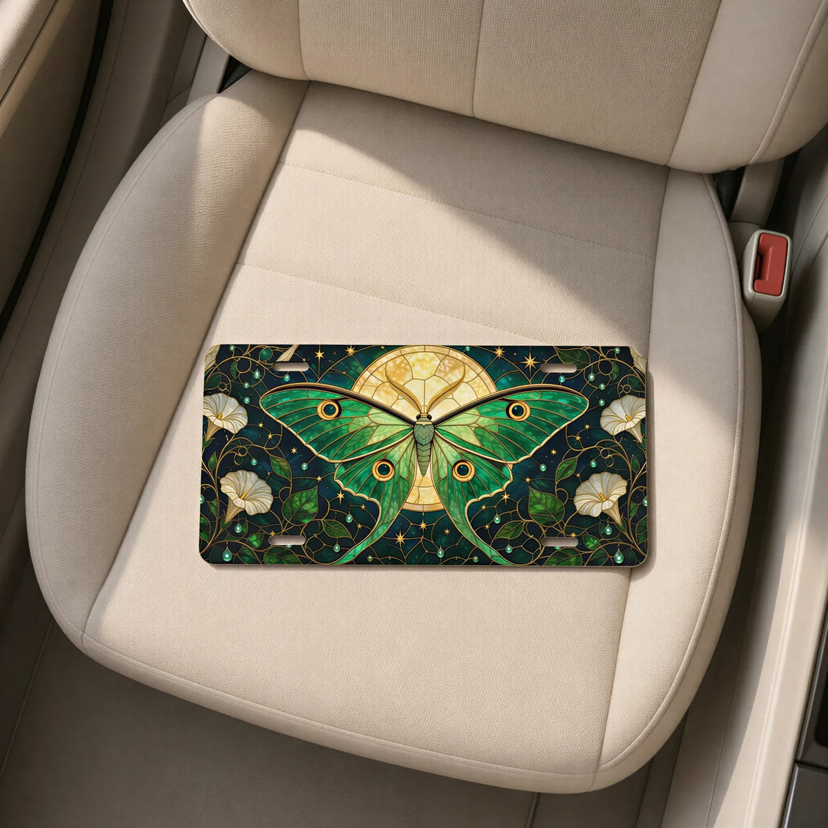Green Luna Moth Stained Glass Vanity Plate - Road Muse