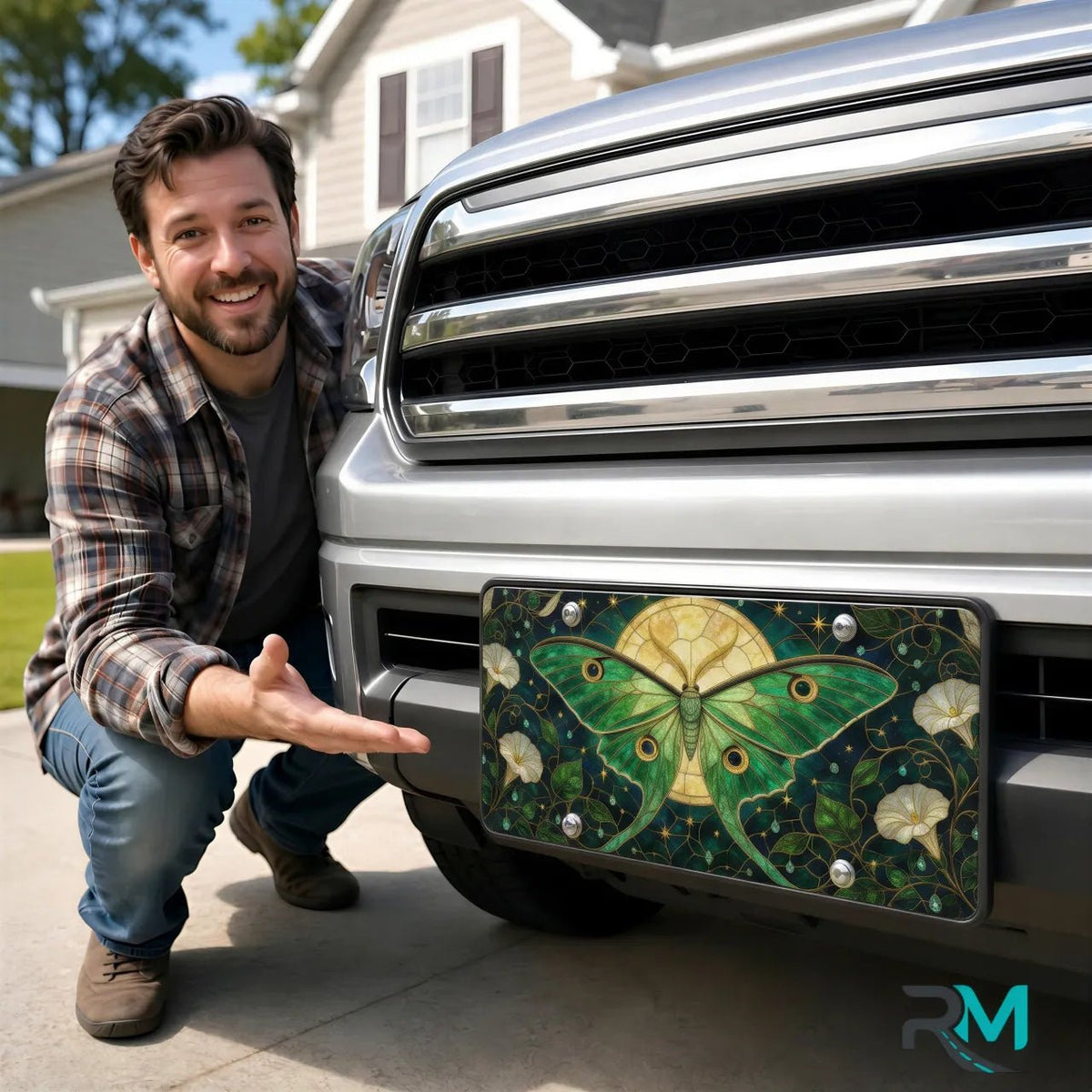 Green Luna Moth Stained Glass Vanity Plate - Road Muse