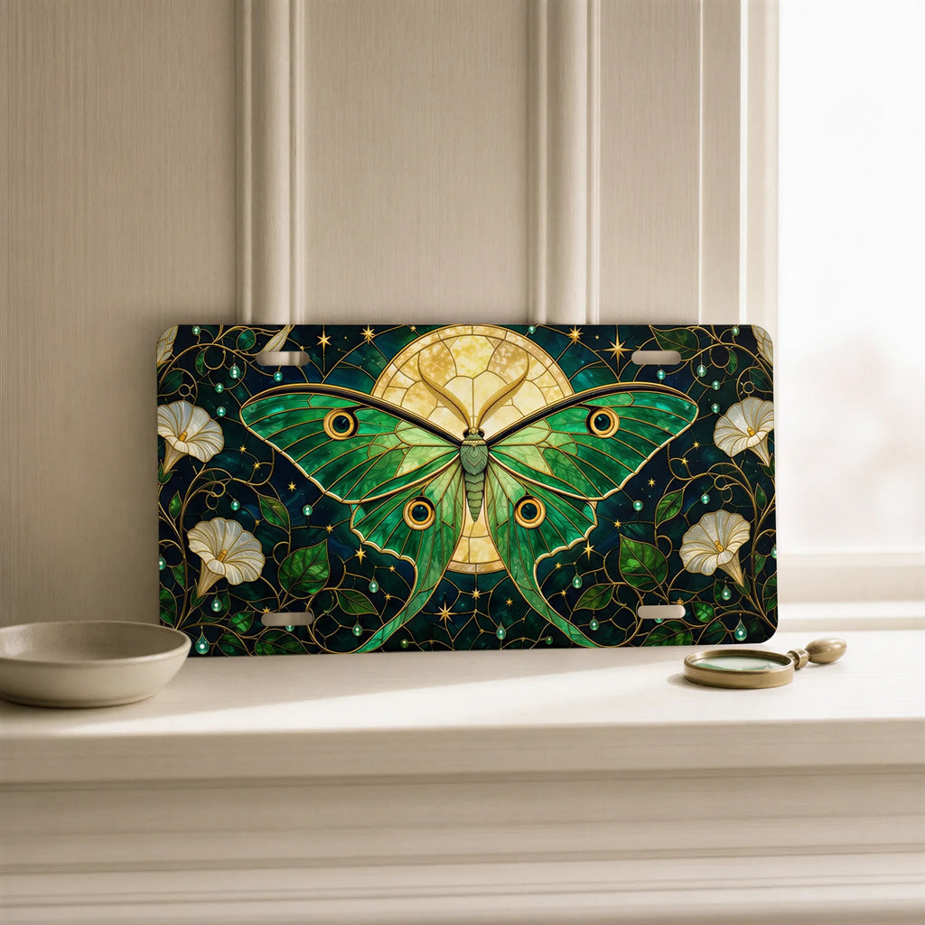 Green Luna Moth Stained Glass Vanity Plate - Road Muse
