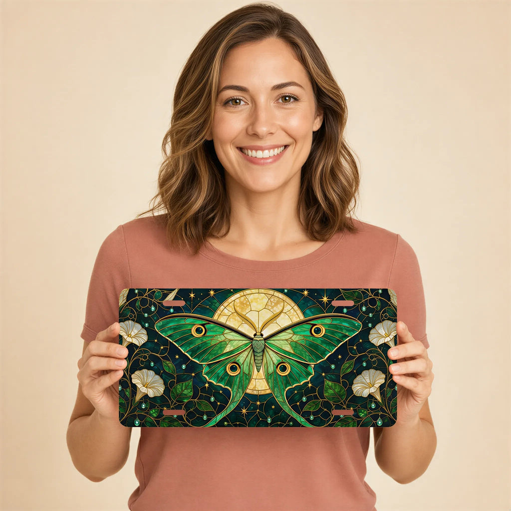 Green Luna Moth Stained Glass Vanity Plate - Road Muse