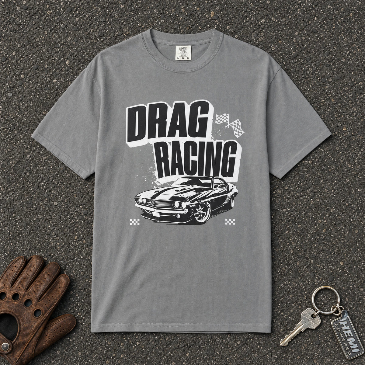 grey drag racing vintage muscle car tshirt — bold speed typography comfort colors race tee
