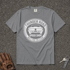 grey thunder road speed shop logo tee - classic muscle car vintage comfort colors shirt