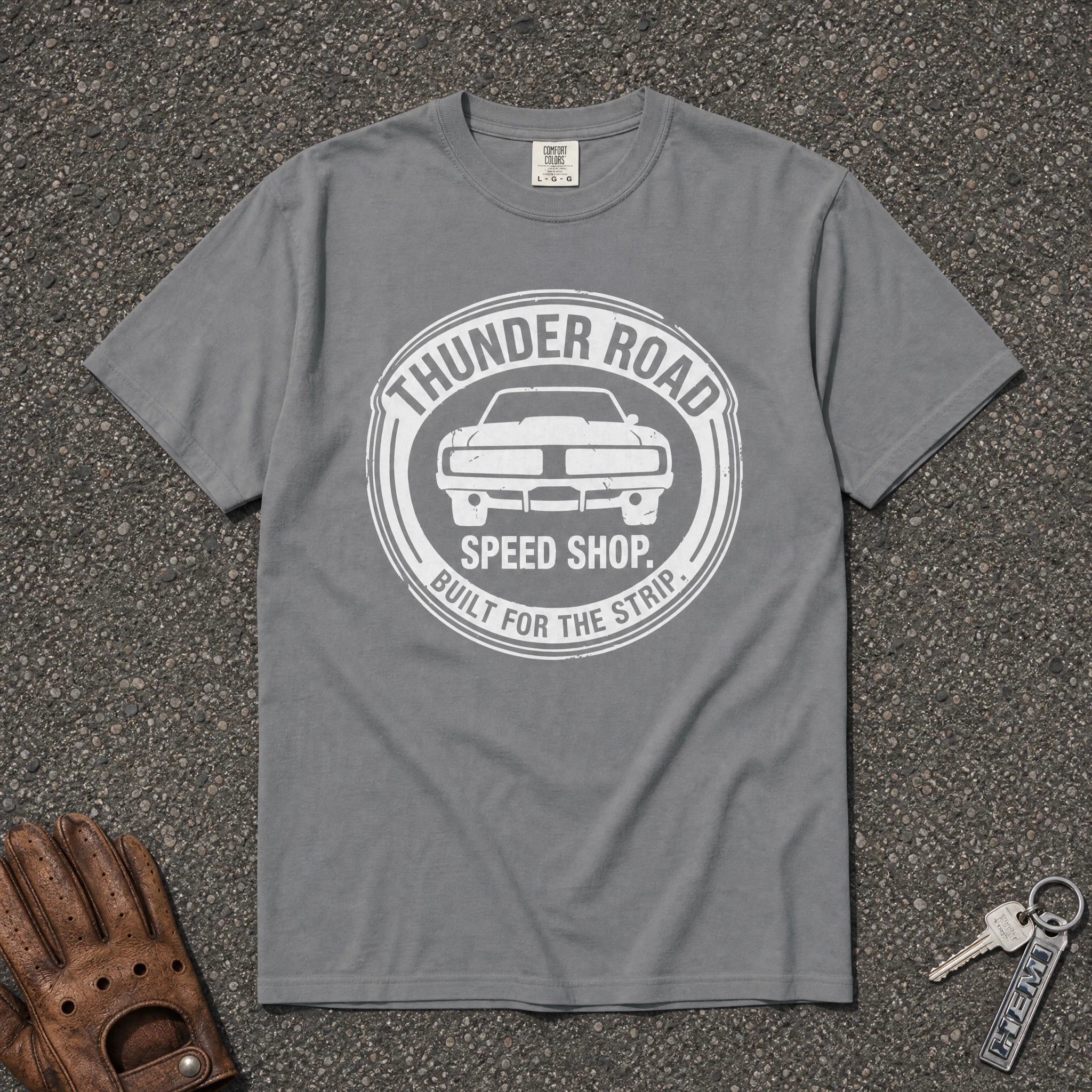 grey thunder road speed shop logo tee - classic muscle car vintage comfort colors shirt