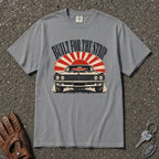grey built for the strip hot rod tee — retro muscle car sunburst graphic comfort colors shirt