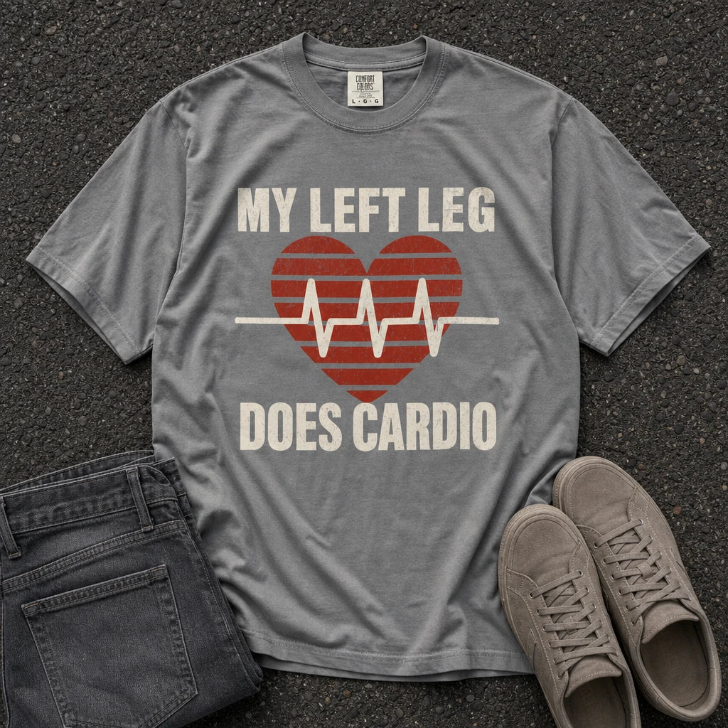 grey my left leg does cardio heartbeat comfort colors tshirt - clutch pedal cardio tee