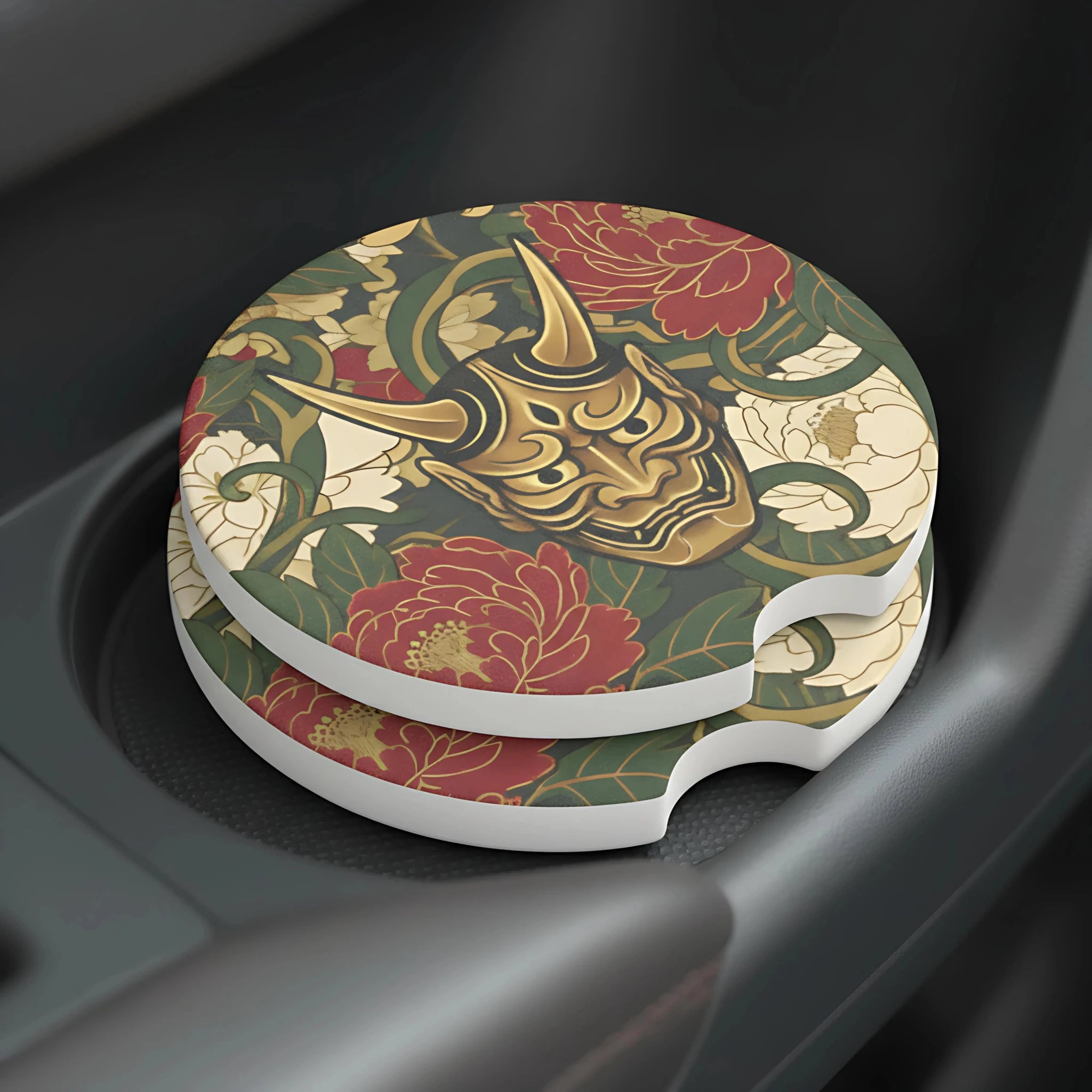 Hannya Mask Floral Car Coasters Set - Road Muse