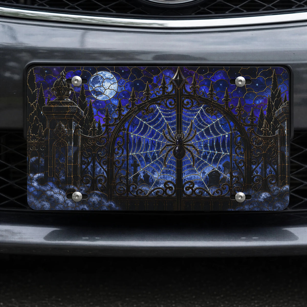 Haunted Gate Spiderweb Gothic Moonlit Vanity Plate - Road Muse
