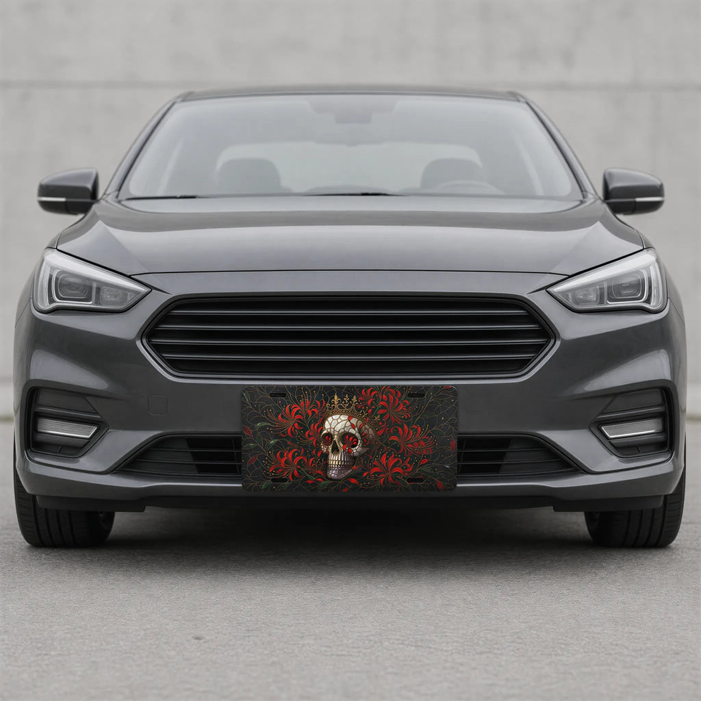 Skull Crown Red Flowers Vanity Plate