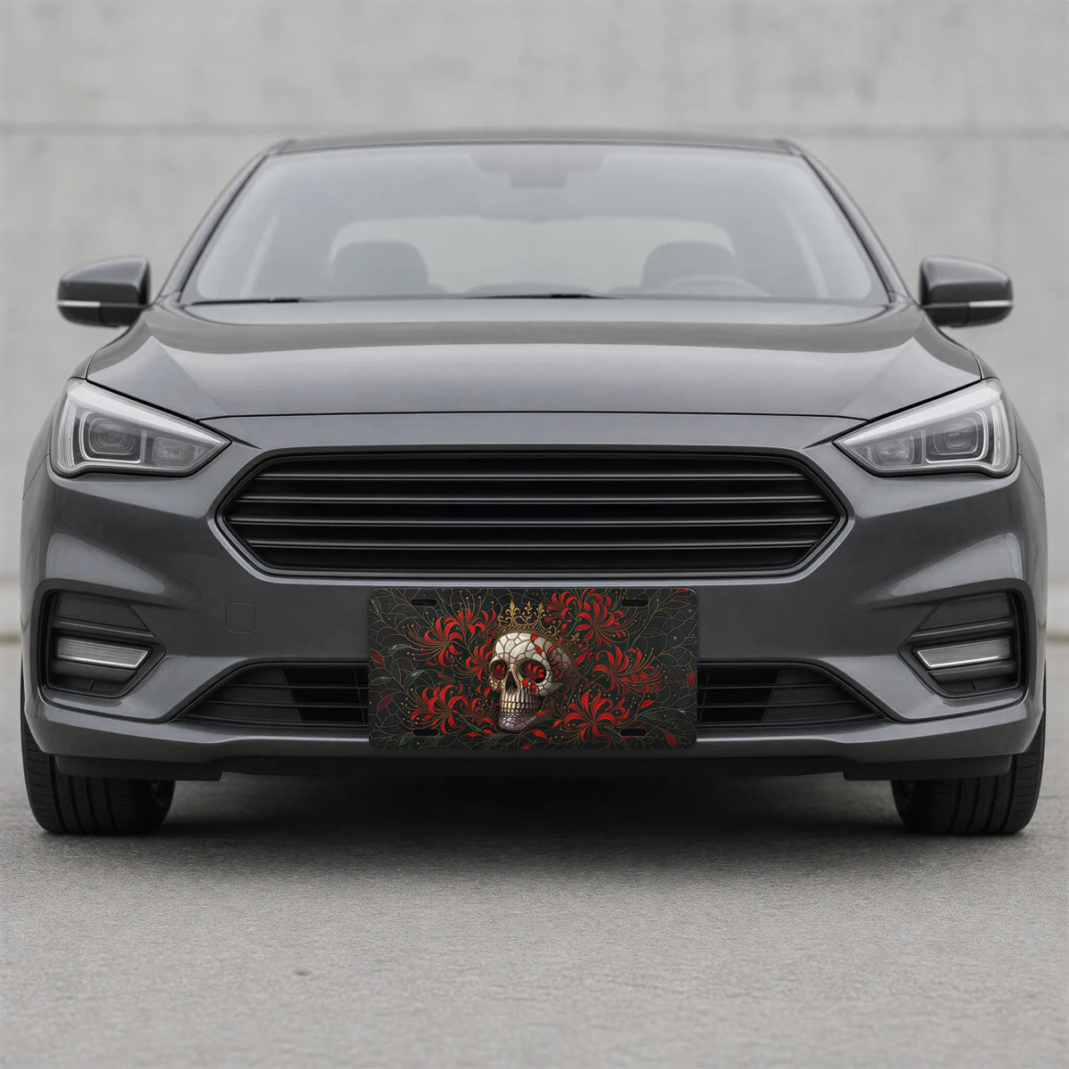 Skull Crown Red Flowers Vanity Plate
