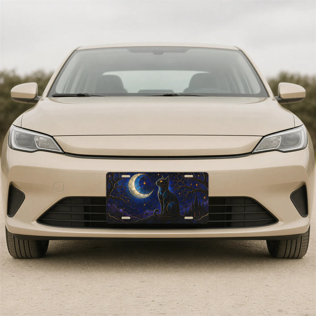 Moonlit Black Cat Crescent Moon Vanity Plate