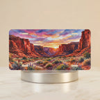 desert canyon sunset vanity plate — warm ochre and violet graphic illustration art