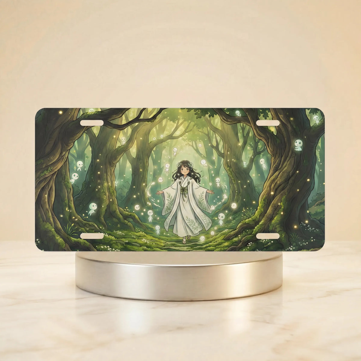 forest spirit flute player bamboo vanity plate — soft green robed figure glowing notes misty bamboo mountains license plate on holder