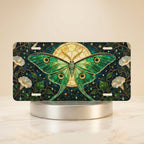 green luna moth stained glass vanity plate — emerald luna moth midnight sky filigree morning glory license plate on holder