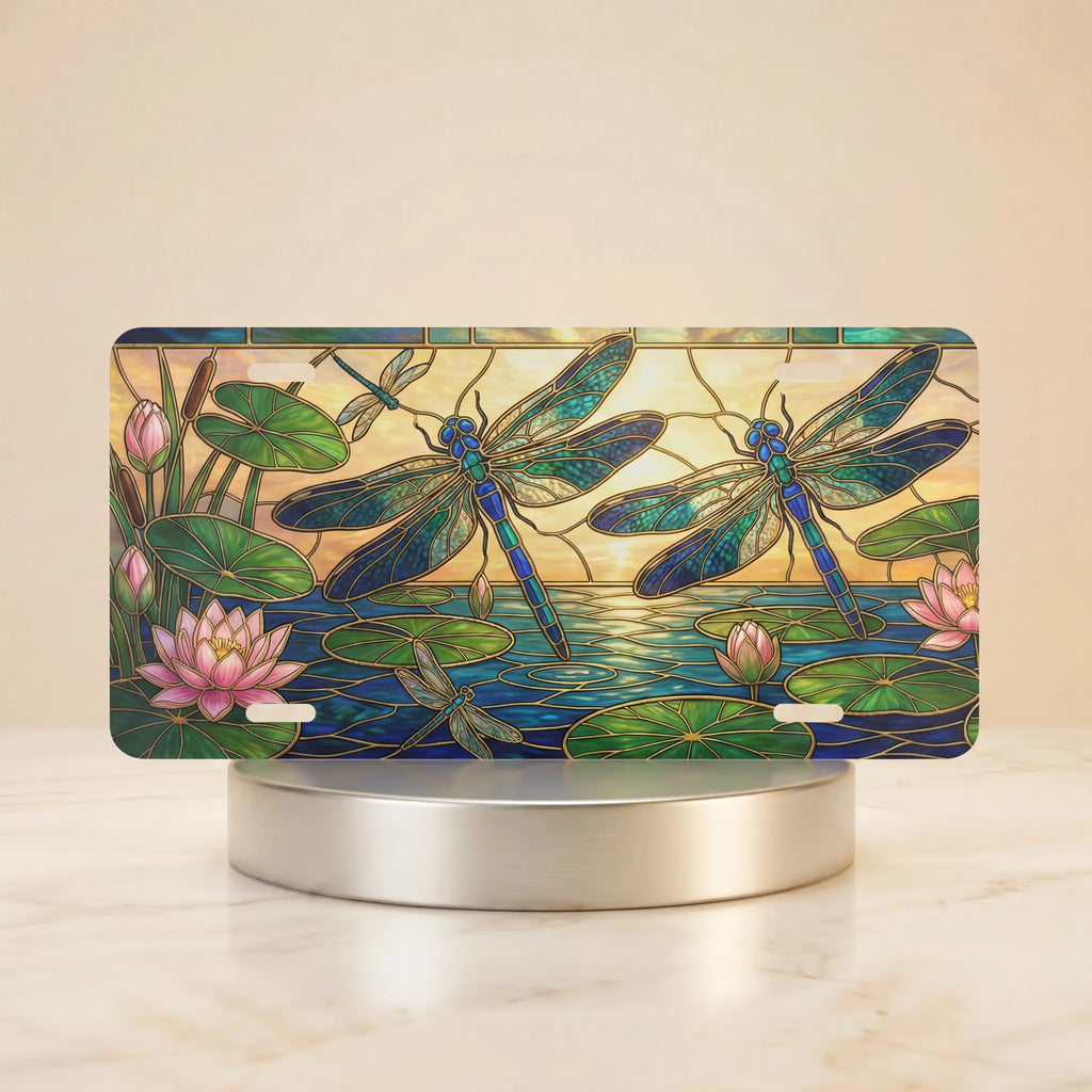 stained glass dragonfly vanity plate hero shot — iridescent teal violet water lily pond art