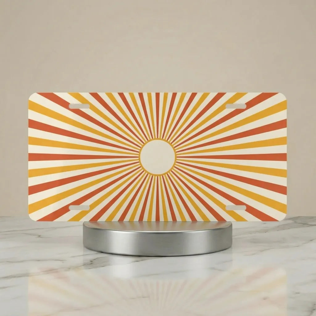 retro orange radiant vanity plate hero shot — warm peach cream golden hour sunburst art
