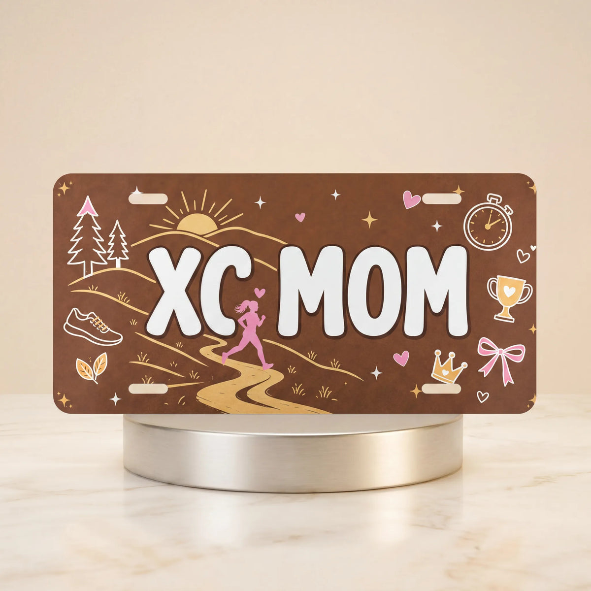 xc mom cross country vanity plate — earthy sunrise trail XC MOM license plate on holder